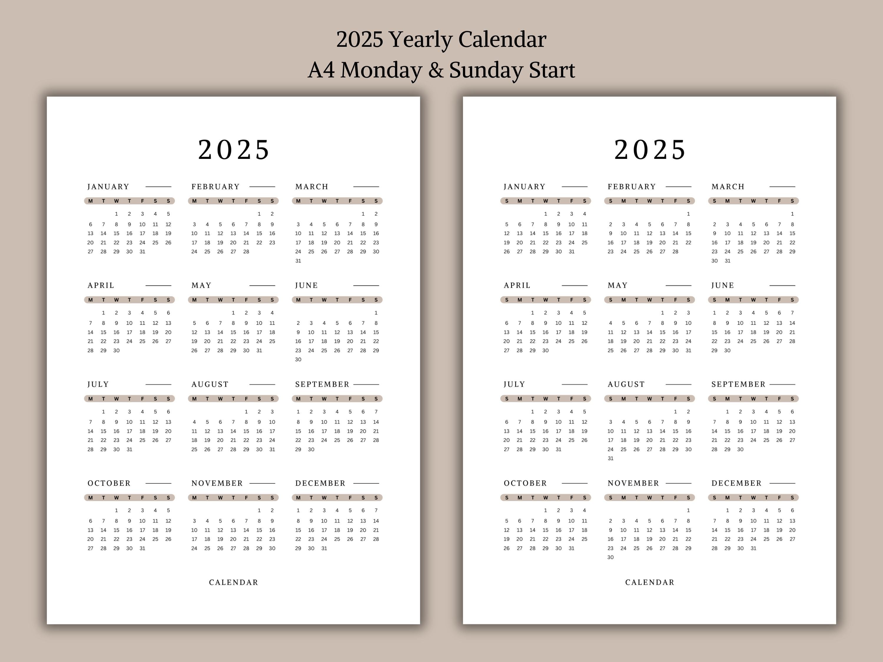 2025 Yearly Calendar Printable | 2025 Annual Calendar | Minimalist