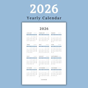 2026 Yearly Calendar Printable | Annual Calendar | Minimal Design | A3, A4, Letter Sizes | Sunday & Monday Start | Digital Download | Blue