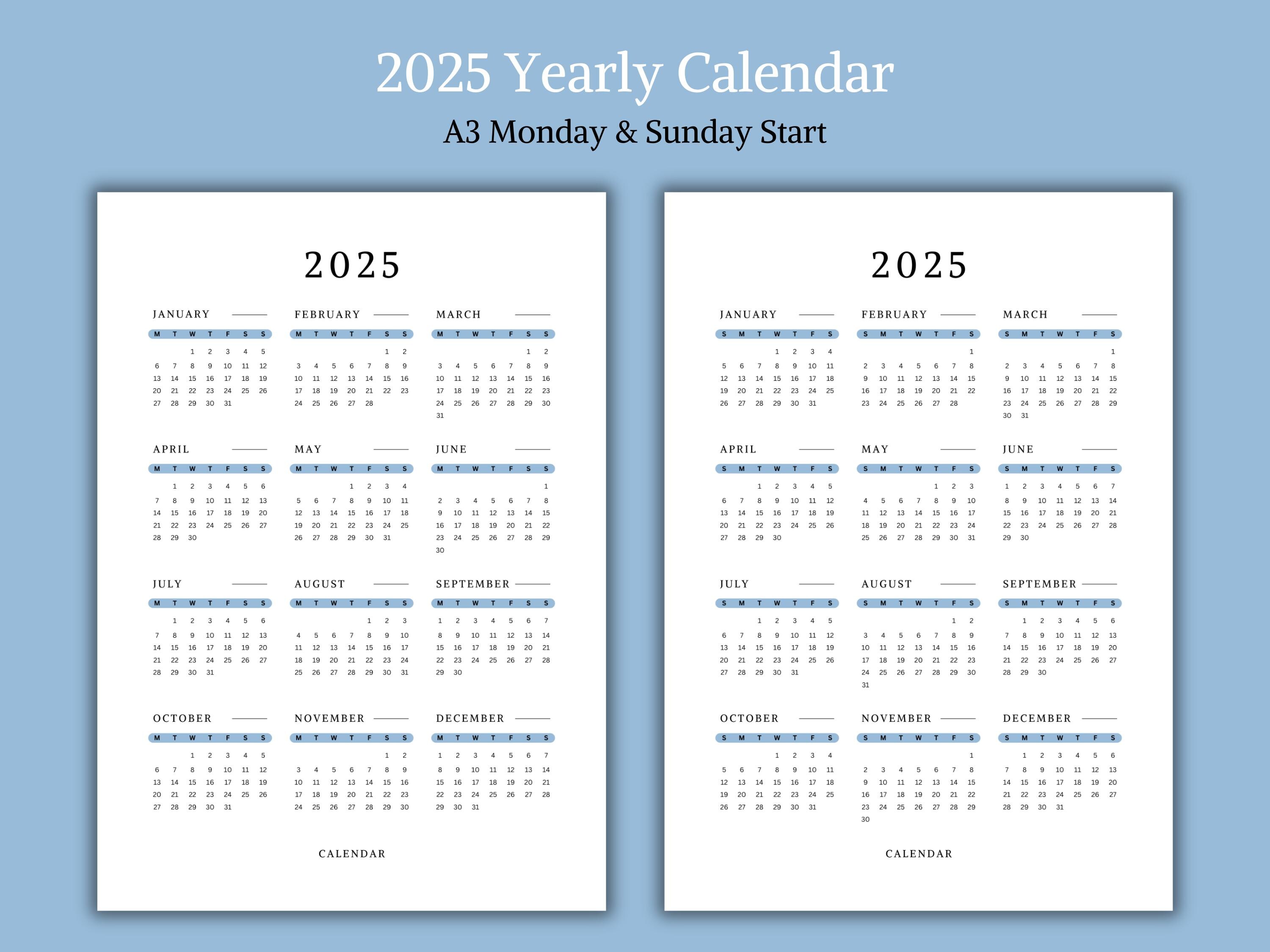 2025 Yearly Calendar Printable | Annual Calendar | Minimal Design | A3