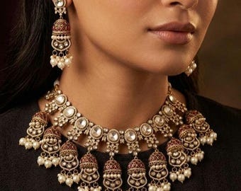 Zestaw naszyjników ślubnych Kundan, choker polki, kolczyki jhumka, biżuteria ślubna w stylu indyjskim