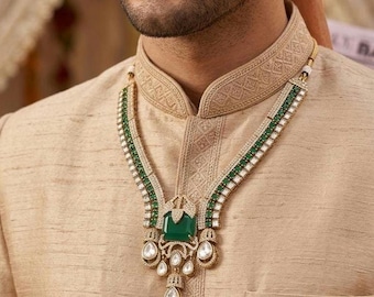 Collar Kundan verde esmeralda para novio, collar tradicional indio para bodas reales masculinas.