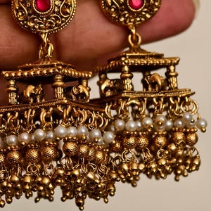 Antique Gold Temple Jhumka Earrings with Elephant Motifs, Ruby Pink Stone 3D Mandap Earrings, Traditional Indian Jhumkas, Pearl Bead Drop