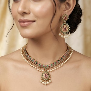 South Indian Matte Gold Necklace Set with Earrings • Traditional Kemp Choker • Emerald Ruby Pearl Guttapusalu Jewelry • Bridal Temple Jewelr