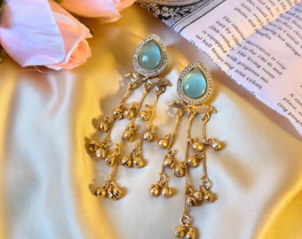 Kashmiri Ghungroo Dangle Earrings, Seafoam Green Cabochon, Boho Gold Drop Ethnic Jewelry
