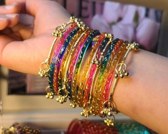 Kashmiri Ghungroo Bangles, Colorful Glass, Raindrop, Jelly Stackable Bracelets (Set of 10-12)