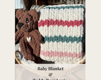 Hand-Knitted Baby Blanket and Plush Teddy Bear Lovie Gift Set