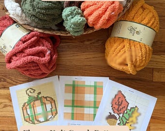 Fall Graph Pattern Bundle: Plaid Pumpkin, Blanket, Leaves (Digital PDF Patterns