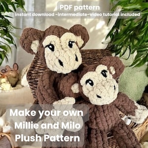 May include: Two handmade plush monkey toys in brown and cream colors. The image includes text that reads "PDF pattern" and "Make your own Millie and Milo Plush Pattern". The monkeys are sitting in a wicker basket.