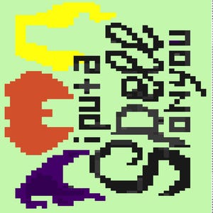 May include: Pixelated graphic on a pale green background. The design features a yellow shape, an orange shape, a purple shape, and black text that reads "E + pu! So good".