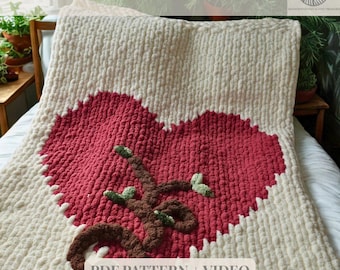 Love Grows Blanket Pattern | Finger Knit Intarsia Heart Blanket | Cozy Graphic Knit PDF