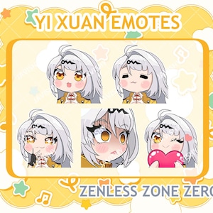 Puede incluir: Colección de cinco emoticonos digitales que presentan un personaje con cabello blanco, ojos amarillos y un atuendo amarillo y dorado. Los emoticonos muestran varias expresiones, incluyendo sonrisas, guiños y sorpresa. El texto incluye "YI XUAN EMOTES" y "ZENLESS ZONE ZERO".