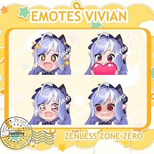 May include: Four digital illustrations of a purple-haired anime character with different facial expressions. The character has large eyes, a heart-shaped mouth, and a pink bow in her hair. The text "EMOTES VIVIAN" and "ZENLESS ZONE ZERO" are visible in the image.