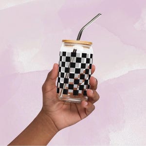 Trendy Checkerboard Glass Cup with Bamboo Lid & Straw – Black and White Tumbler, Aesthetic Iced Coffee Cup, Libbey Style Can Glass