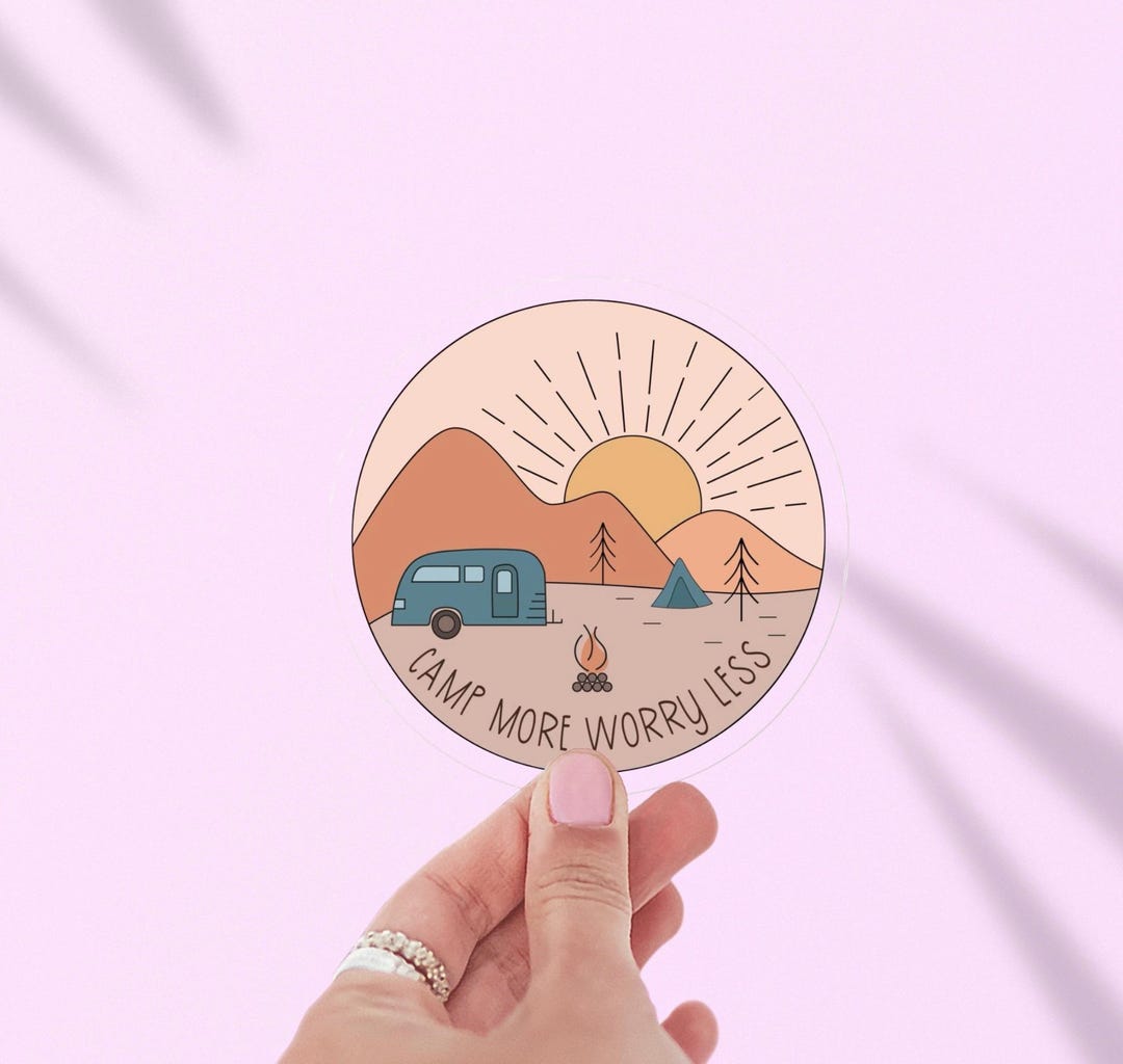 Camp More Worry Less Sticker – Retro Camping Vinyl Decal With Camper ...