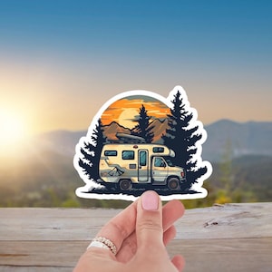 Retro Camper Van Sticker – Sunset Mountain RV Adventure Decal | Waterproof Travel Aesthetic for Laptops, Journals & More