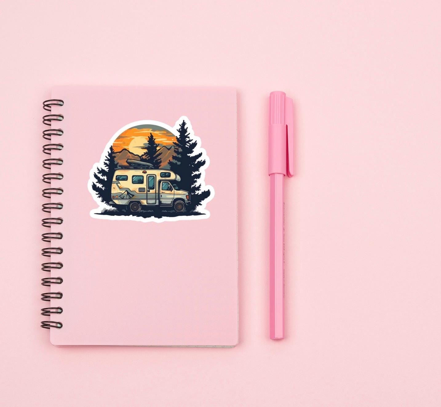 Retro Camper Van Sticker – Sunset Mountain RV Adventure Decal ...