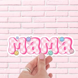 Pink Gingham Mama Sticker | Cute Aesthetic Mom Decal | Smiley Face Mom Life Sticker | Fun Gift for Moms | Laptop Water Bottle Sticker