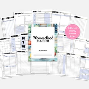 Puede incluir: Un planificador de educación en casa con varias páginas, incluyendo un calendario, un registro de asistencia y un planificador de lecciones. La portada presenta el texto "Homeschool Planner" y un diseño de acuarela. El planificador ofrece diferentes estilos semanales.