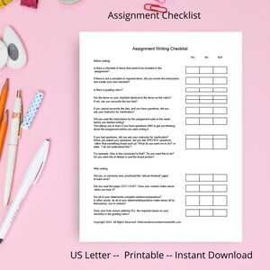May include: A white paper assignment writing checklist with black text and columns for Yes, No, and N/A responses. The document includes sections for before and after writing tasks, with a copyright notice at the bottom of the page.
