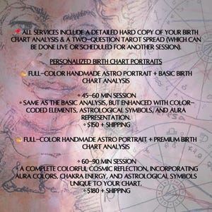 Arte e retratos astrológicos personalizados - retrato astrológico colorido feito à mão + análise básica do mapa astral e tiragem de tarô de duas perguntas