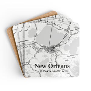 New Orleans Karte Getränkeuntersetzer, 4 dekorative Untersetzer, Housewarminggeschenk, Wohnkultur-Akzent, Korkholz-Untersetzer-Set,
