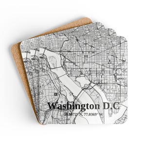 Dessous de verre carte Washington DC, cadeau de pendaison de crémaillère, souvenir de voyage, décoration d'intérieur écologique, bois de liège personnalisé, ensemble de sous-verres, personnalisés