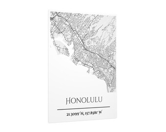 Plan de la ville d'Honolulu, panneau en mousse, cadeau de voyage, impression noir et blanc, décoration murale, oeuvre d'art pour le bureau à domicile, cadeau unique