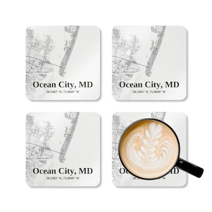 Ocean City, MD Map Cork Coaster Set | Decoração de casa exclusiva, presente de inauguração de casa, presente para amantes da praia, acessórios de bar, porta-copos personalizados