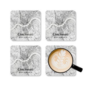 Ensemble de sous-verres en bois de liège Cincinnati, sous-verres géométriques, sous-verres personnalisés, décoration d'intérieur unique, cadeau pour les propriétaires, décoration de plan de ville, moderne