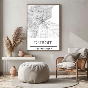 Detroit Karte Minimalistisches Wohndekor Stadt Geschenk Moderne Wandkunst Einweihungsparty Dekoration Urban Kunstwerk, Geschenk für Reisende, Schaumstoff Bord Kunstdruck