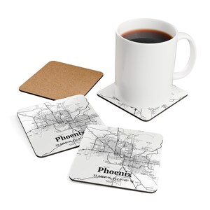 Ensemble de sous-verres en bois de liège - conception de carte personnalisée Phoenix, Arizona, cadeau déco, sous-verres de pendaison de crémaillère, respectueux de l'environnement, unique