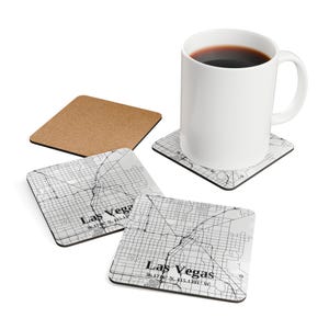 Plan de la ville personnalisé de Las Vegas, cadeau de pendaison de crémaillère, verres pour mariage, décoration d'intérieur respectueuse de l'environnement, accessoires de bar, ensemble de sous-verres en bois de liège -