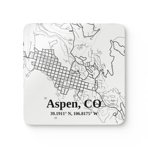 Personalisiertes Korkholz-Untersetzer-Set - Aspen, CO Map Design, rustikale Wohnkultur, individuelle Geschenke, Einweihungsparty, Kaffeetischdekor, Hochzeitsgeschenk