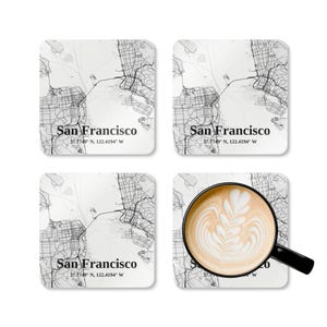 Ensemble de sous-verres en bois de liège avec carte de San Francisco, décoration côtière, cadeau géographique pour voyageurs, accessoires de bar, cadeau de pendaison de crémaillère, unique