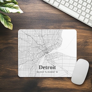 Detroit Map Mauspad, Rechteckige Mausmatte, Bürodeko Geschenk, Detroit Lovers Home Office, Geographische Kunst, minimalistisches Design