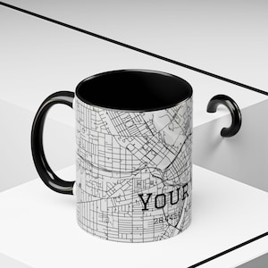 Custom City Map Coffee Mug, Personalized Aerial Street Map Mug, Any City or Location, Minimalist Black & White Travel Gift