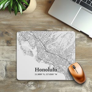 Benutzerdefinierte Honolulu Karte Mauspad, Geographische Bürodekoration, personalisiertes Reisegeschenk, minimalistisches Schreibtischzubehör, rechteckige Mausmatte, Hawaii