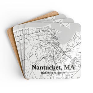 Ensemble de sous-verres en bois de liège Carte de Nantucket | Décoration d'intérieur nautique, Cadeau de pendaison de crémaillère, Verres personnalisés, Art côtier, Sous-verres d'été