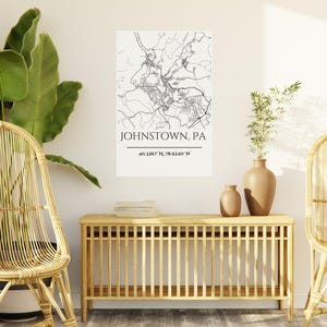 Arte em placa de espuma para mapa de Johnstown PA, decoração personalizada para casa, arte de parede, presente para casa nova, Johnstown PA, decoração de mapa geográfico
