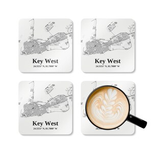 Onderzetterset, Key West-kaart kurken onderzetters, gepersonaliseerd kustdecorcadeau, uniek drinkgerei, housewarmingcadeau, cadeau strandliefhebber, thuis