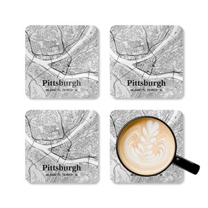Sous-verres en liège personnalisés Pittsburgh, Pennsylvanie - Cadeau de mariage, cadeau de pendaison de crémaillère, conception de carte de Pittsburgh, décoration d'intérieur