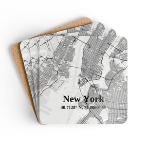 Sous-bocks en liège, carte urbaine personnalisée de New York, décoration de bar, cadeau pour les New-Yorkais, pendaison de crémaillère, amateurs de voyages, lot de 4