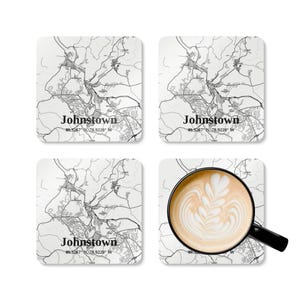 Ensemble de sous-bocks personnalisés en bois de liège Johnstown en Pennsylvanie, sous-verres de carte personnalisés, cadeau de pendaison de crémaillère, décoration d'intérieur unique, sous-bocks géographiques