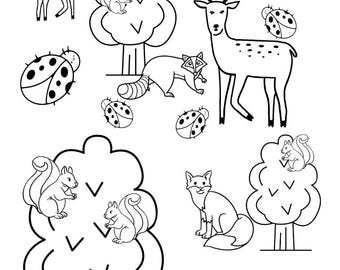 Hoja para colorear de animales del bosque: Arte digital de paisajes (Descarga digital)
