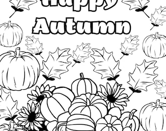 Hoja para colorear de otoño: Hojas y calabazas (Descarga digital)
