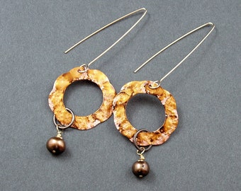 Striking long hanging copper and pearl one of a kind OOAK handmade earrings by Mary Heuer