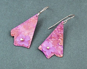 Textured copper/lucite purple one of a kind OOAK handmade earrings by Mary Heuer