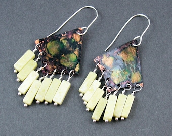 Dramatic purple and green dangly copper one of a kind OOAK handmade earrings by Mary Heuer