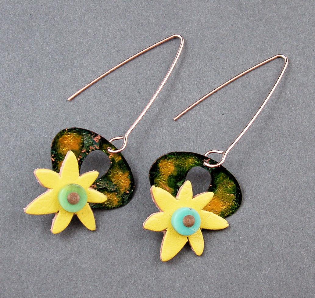 Casual yellow and green handmade one of a kind OOAK earrings by Mary Heuer
