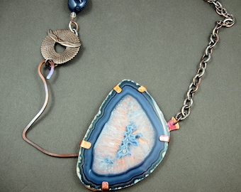 Statement sculptural blue geode one of a kind necklace by Mary Heuer